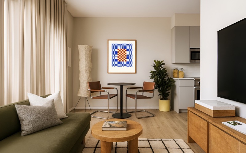 a room with a table chairs art and a plant