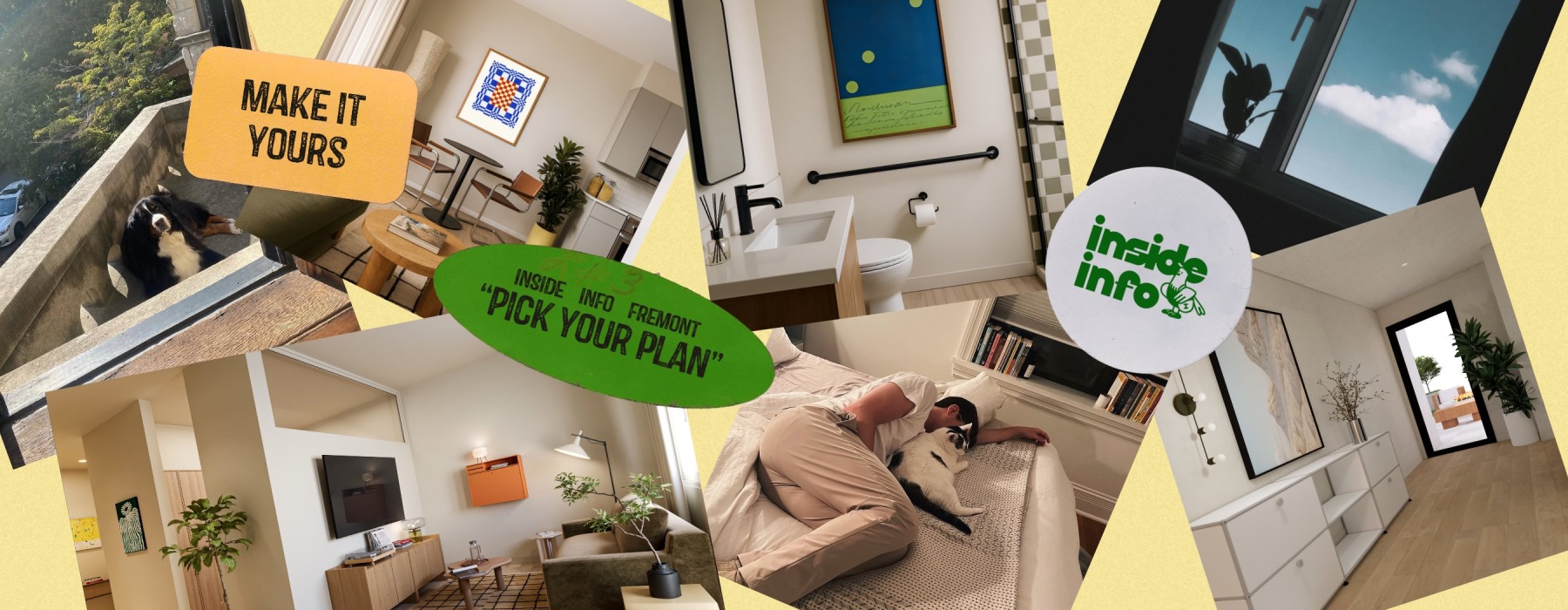 a collage of photos including a apartment images and a person laying on a bed with a cat