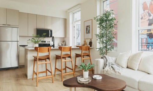 living room with furniture plant kitchen with seating