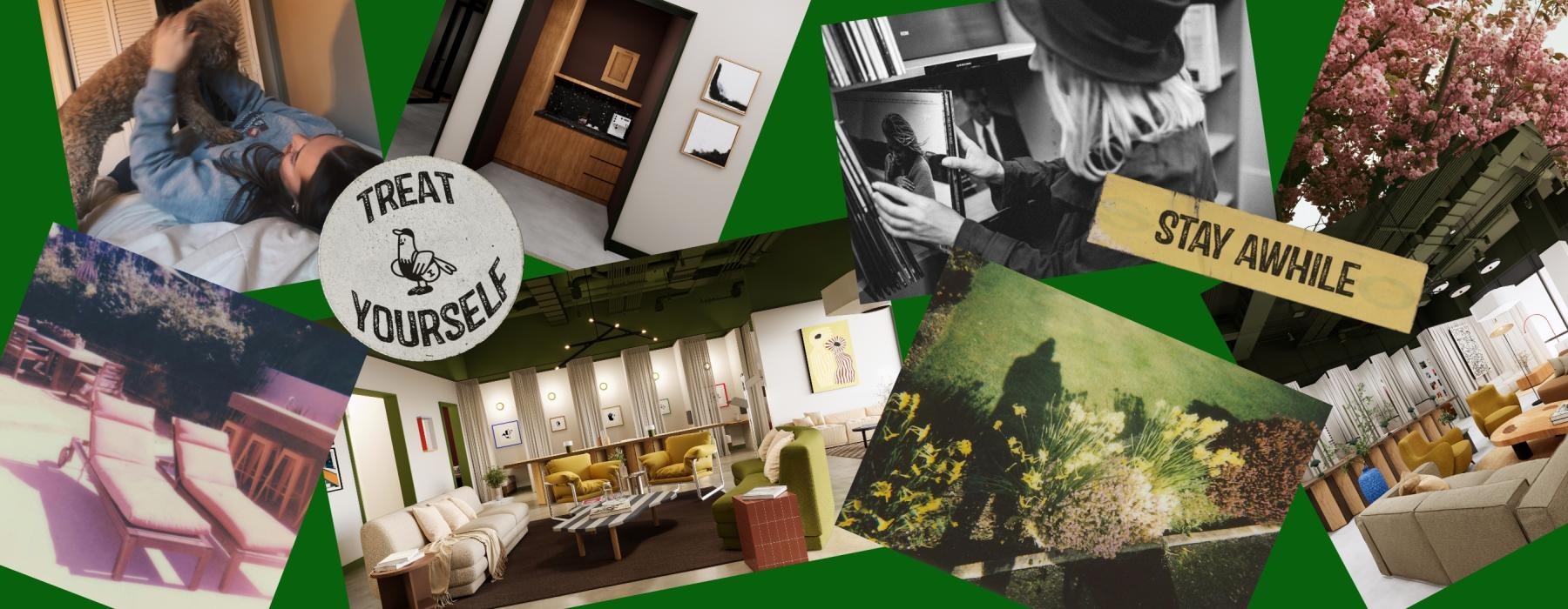 a collage of photos including a person shopping and a person playing with a dog