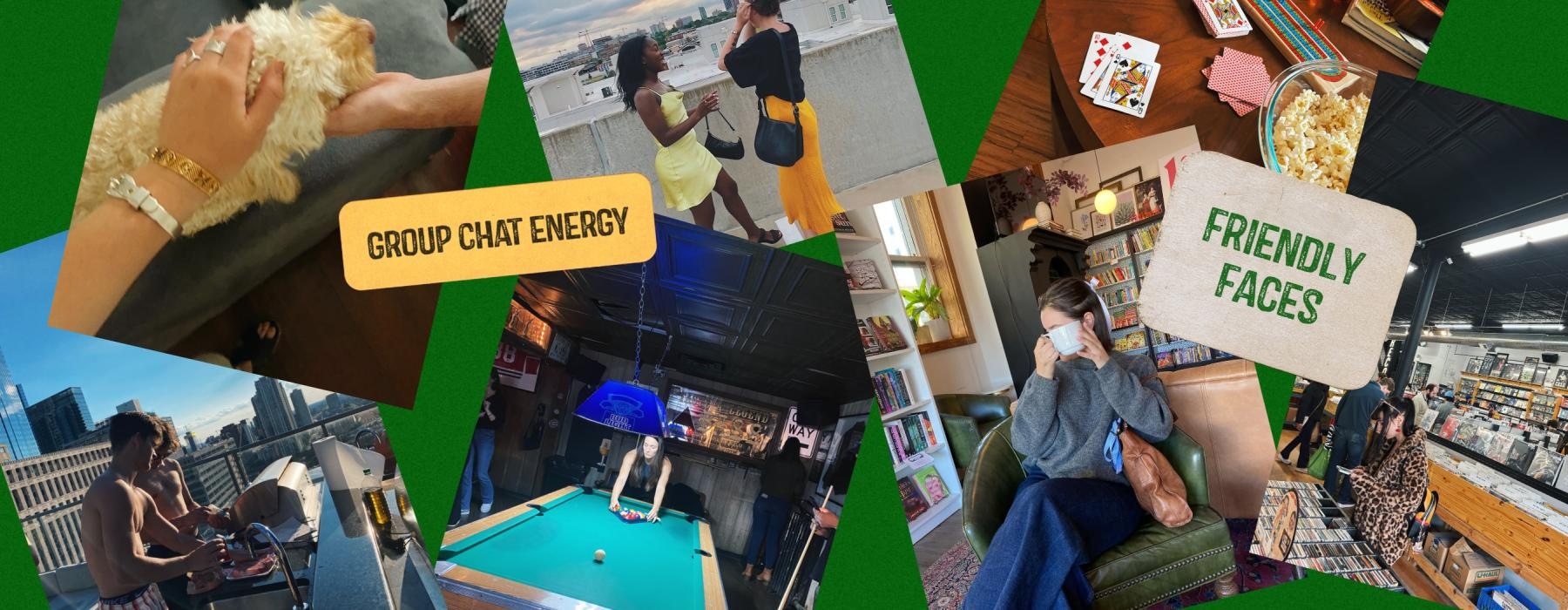 a collage of a people hanging out together and a person at a coffee shop