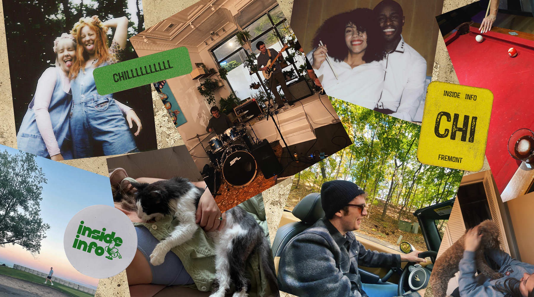 a collage of photos including a friends hanging out and a person laying with a cat and a person driving